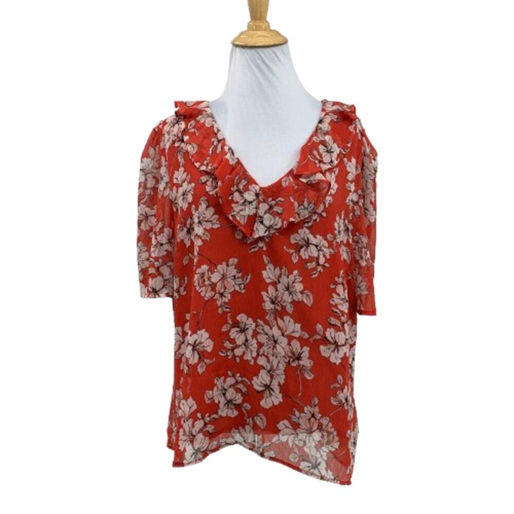 Karl Lagerfeld Blouse Womens L Large Paprika Ruffled V Neck Floral Motif Sheer